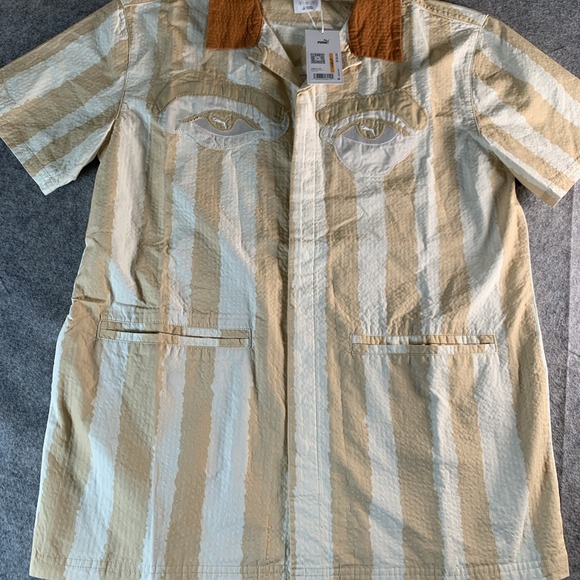 New Puma Kid Super Studios Button Down Shirt Alpine Snow Beige Size S 62951187 - Picture 2 of 10